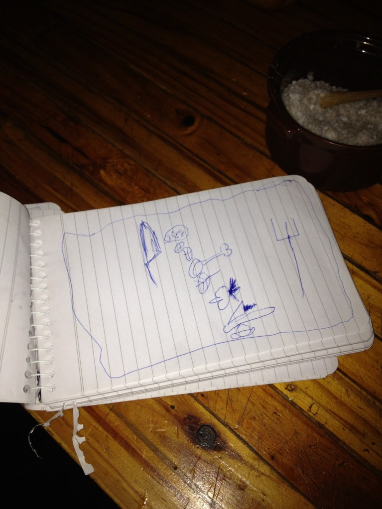 the drawing that got it all started (including knife and fork... crazy kid. Who eats a burger with a knife and fork?)