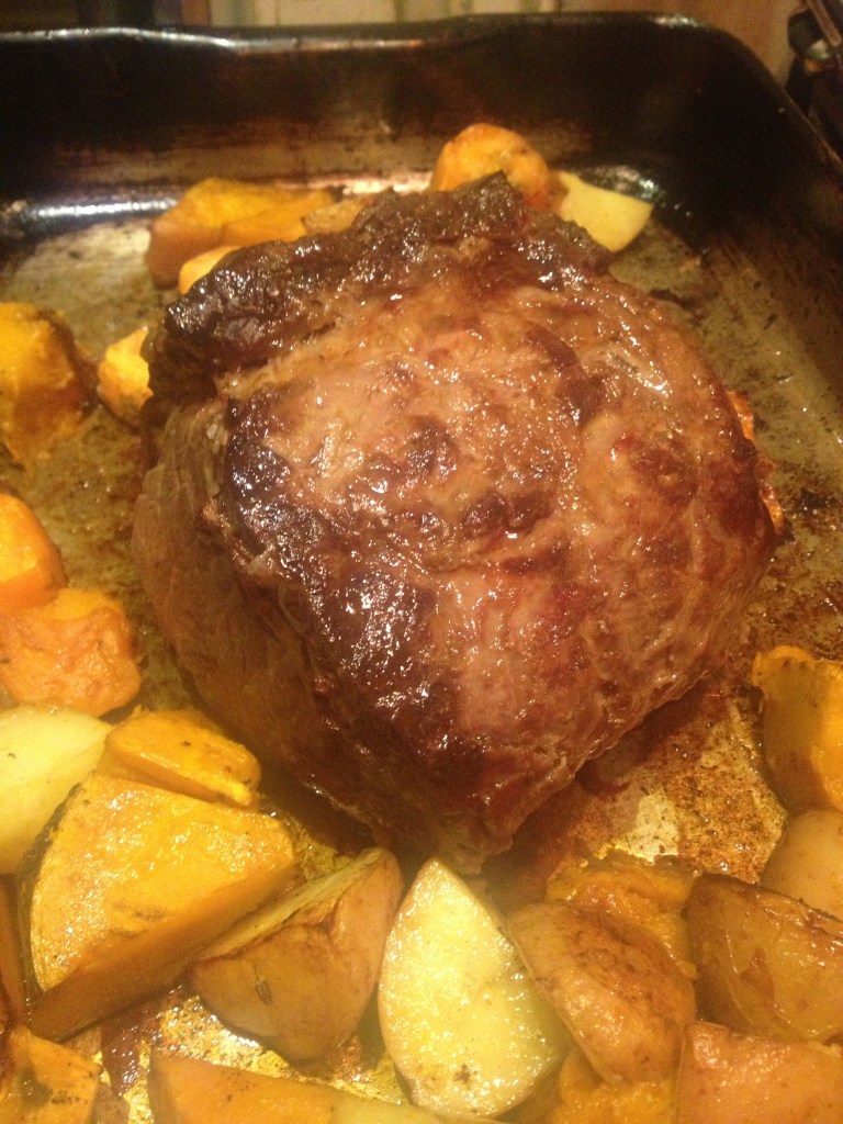 Roast some beef exactly like you like to roast your beef. Some kind of vegetables are good for contrasting colour and flavour...