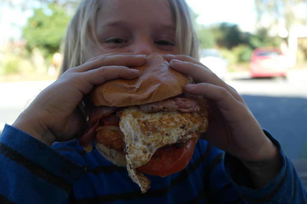 Obi tackles the breakky burger aka. the bigger then his head burger