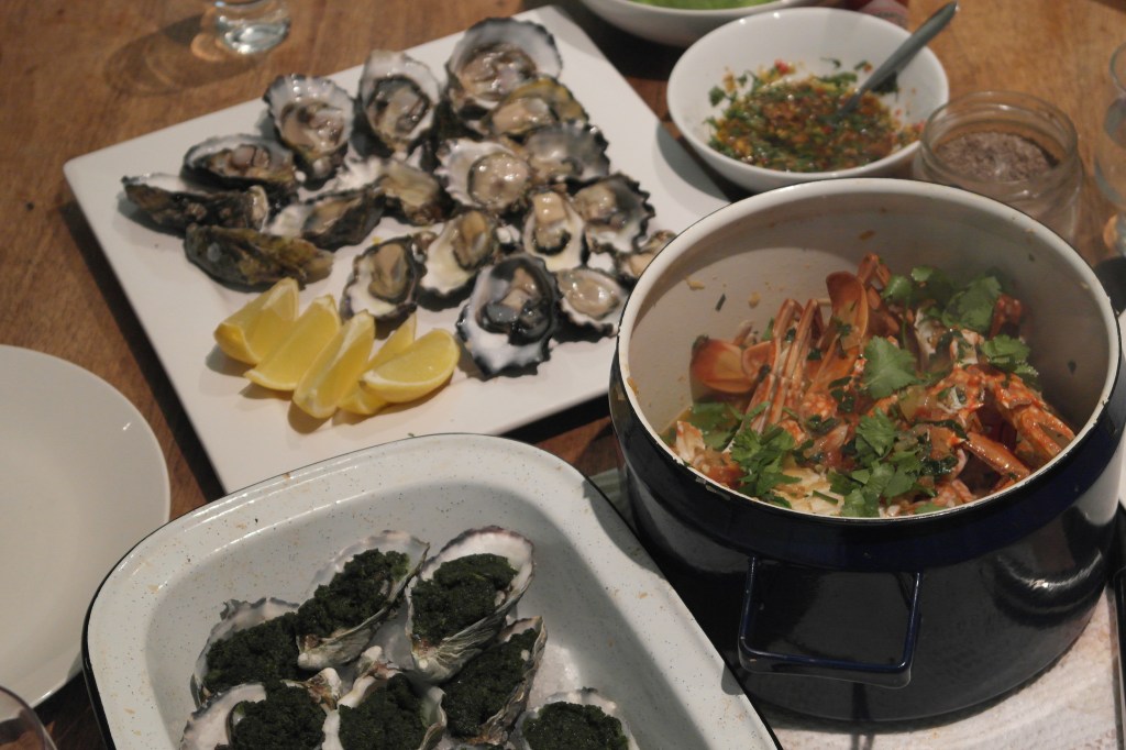 Oysters rockafeller, natural and with soy, ginger & shallot dressing and crab with asian flavours in my new favourite blue pot