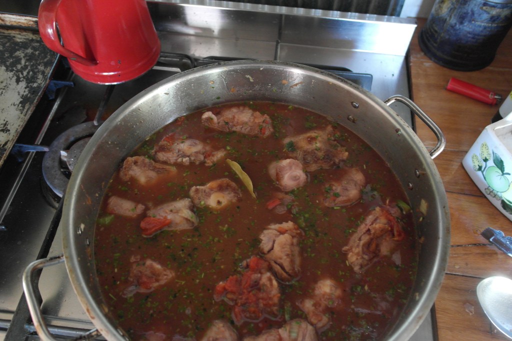 Add the tomatoes, wine, stock and water