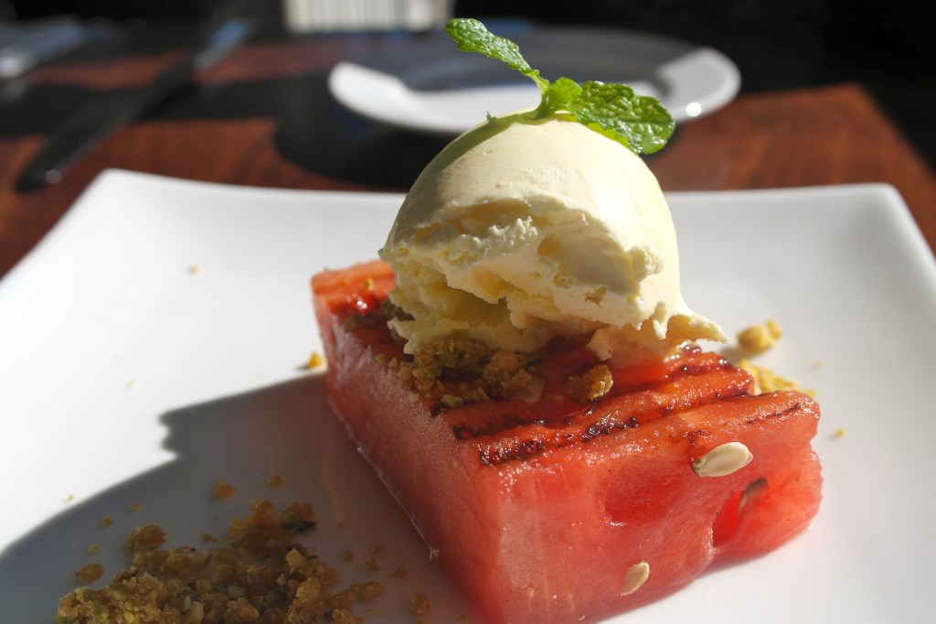 Chargrilled watermelon with mascarpone and nut praline 4.50