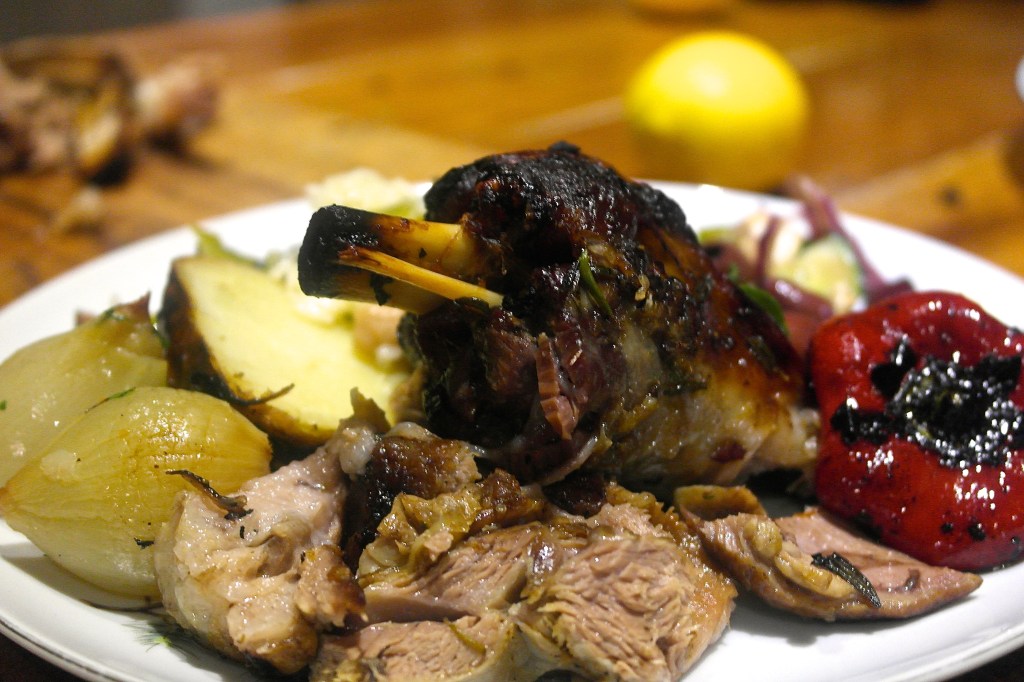 Served up with roasted potatoes and baby capsicum from the coals and chickpea and cavolo nero pilaff