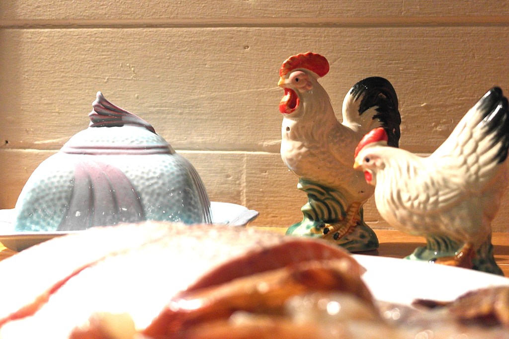 Still life with seafood, butter dish and salt and pepper shakers
