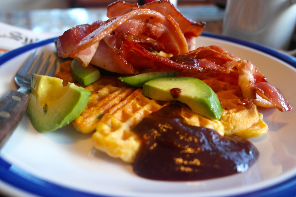 Corn waffles with bacon, avocado and Phil's home made HP sauce