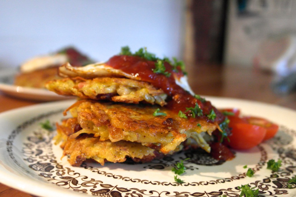 Stack them up on a plate, you'll be needing a few each, and dress with your favourite sides