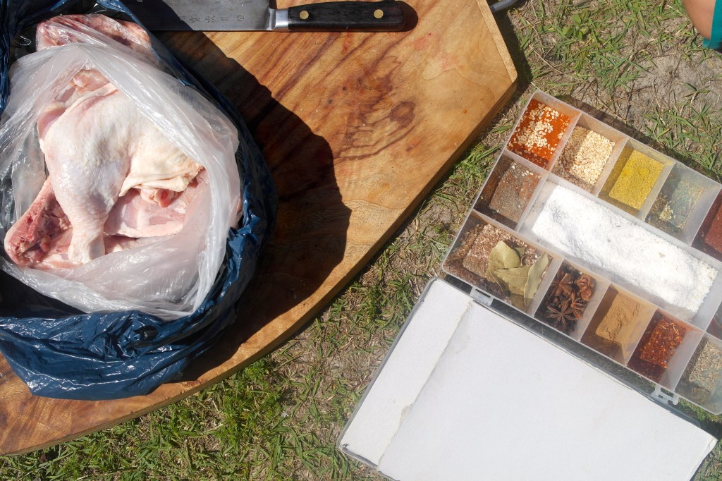 The camp spice rack helped bring a little Jamaican influence to our chicken and chorizo. Pretty easy huh?