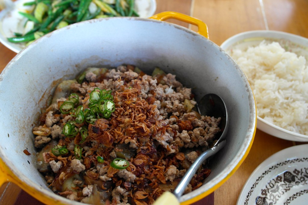 smoky eggplant, pork, morning glory, vietnam, hoi an