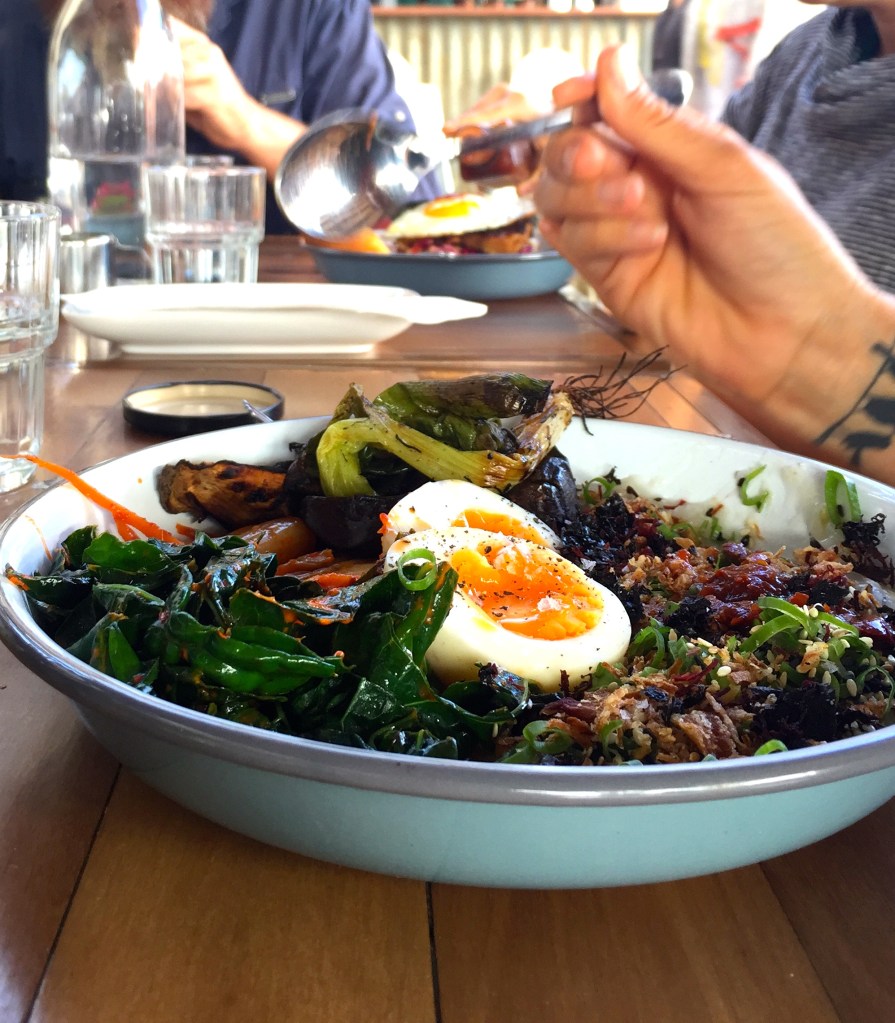 This congee was the dish of the day. Kimchi, kale, miso eggplant, sesame, yarrow, burnt shallot, seaweed and a boiled egg ($21). Everything we expected plus more. Damn tasty stuff
