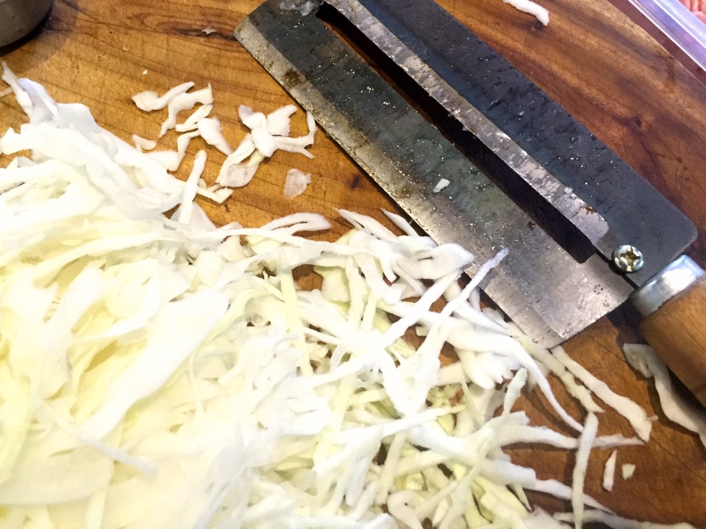 I chopped the cabbage with this really cool shredding double-knife I picked up in Vietnam