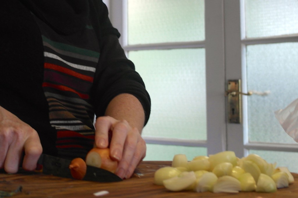 Sammy chops the onions