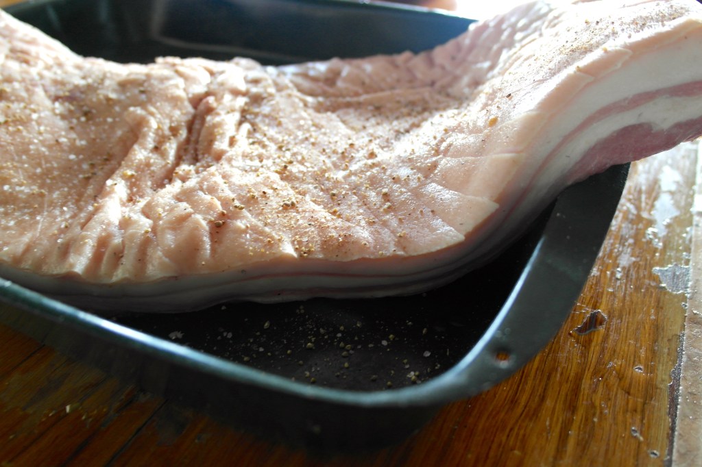 The belly didn't really fit into the pan but eventually it did after a bit of post coital shrinkage set in