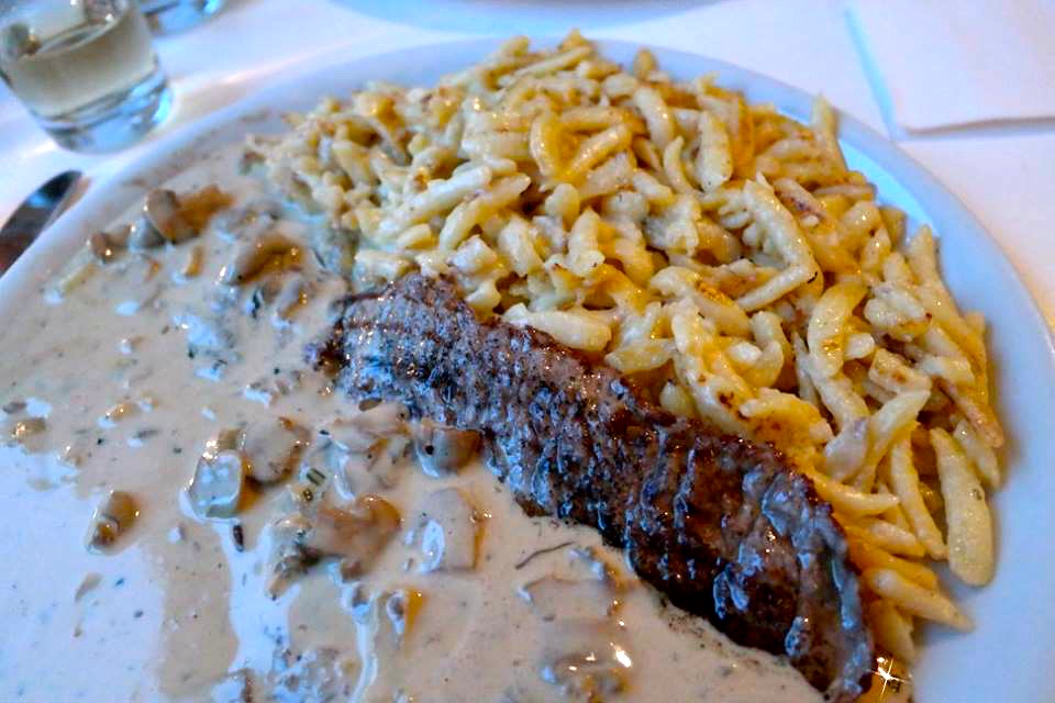 Jagarscnitzel with spatzle and mushroom sauce