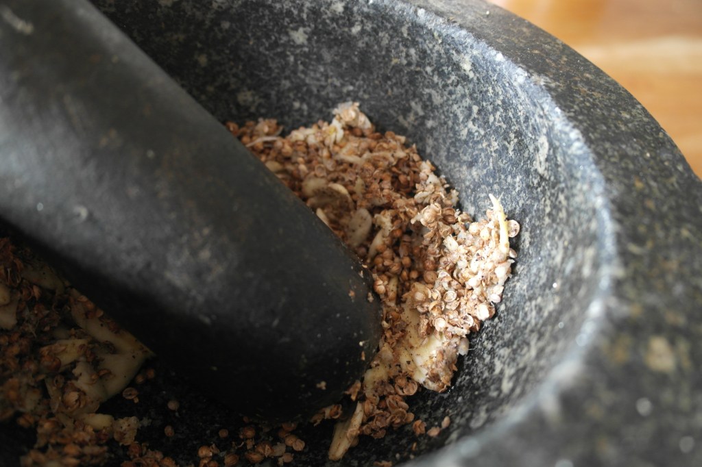 Garlic, coriander seed, salt and pepper getting smashed