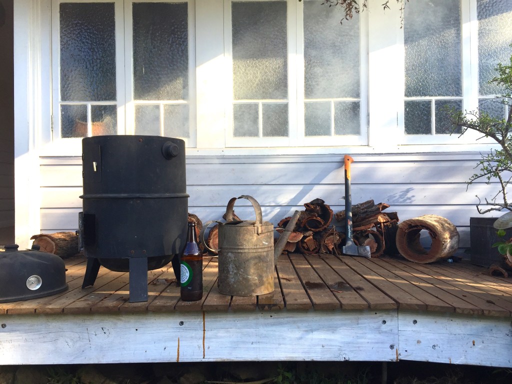 Smoker, Fiskars X25 block splitter, beer brewed by the Coopers family and a full watering can just because safety doesn't take a holiday