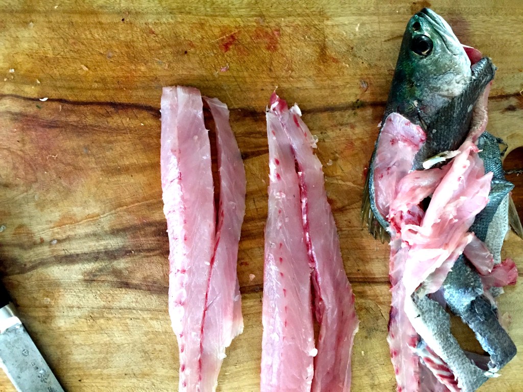 Fillet and skin fish. We cut the fillets into fish finger sort of looking pieces because the boys wanted to make home made fish fingers, but goujons is probably the more correct term 