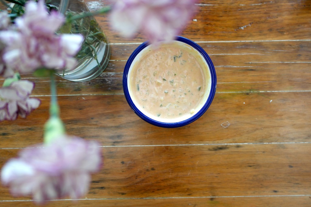 Burger sauce and flowers. Pretty as fuck... and really tasty too... except possibly the flowers. I didn't eat the flowers