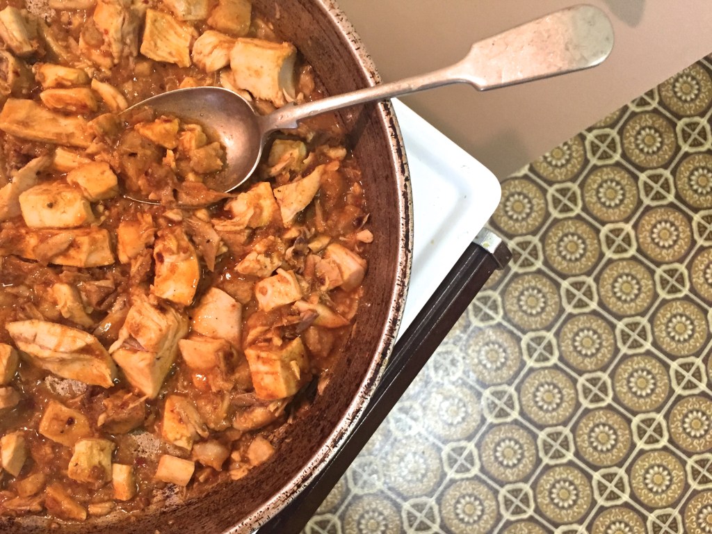 Add your spice mix and a little splash of something wet. That's pretty easy too