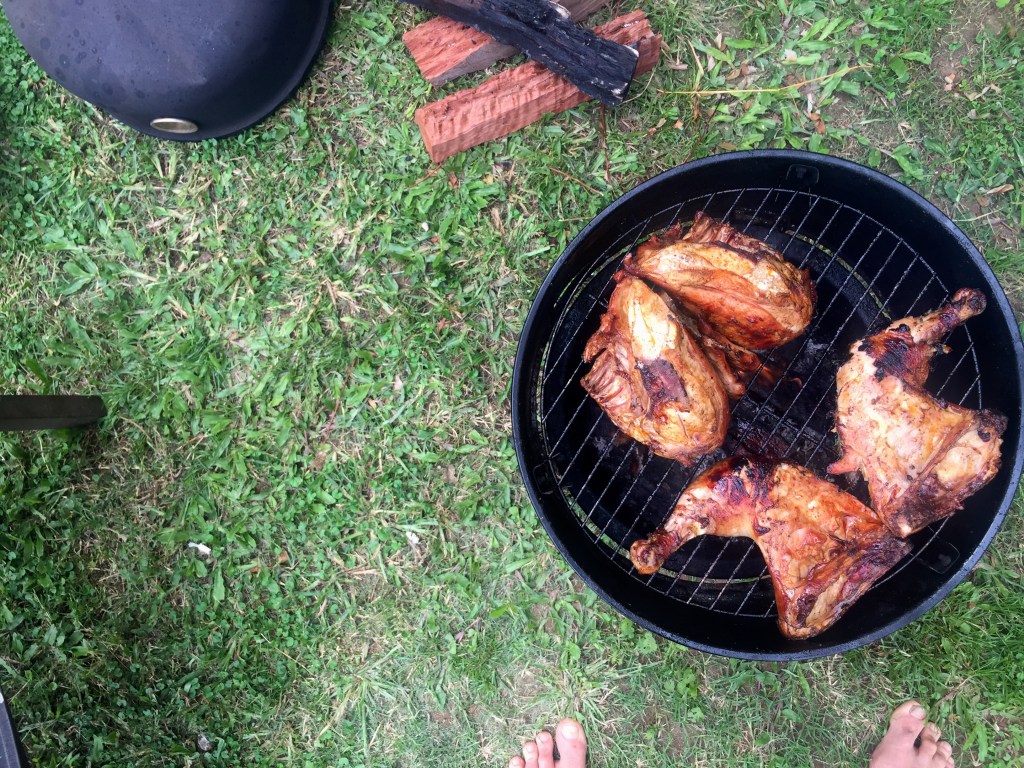 The chicken looked like this at the start but it was so pretty and sticky and red by the end of the cook